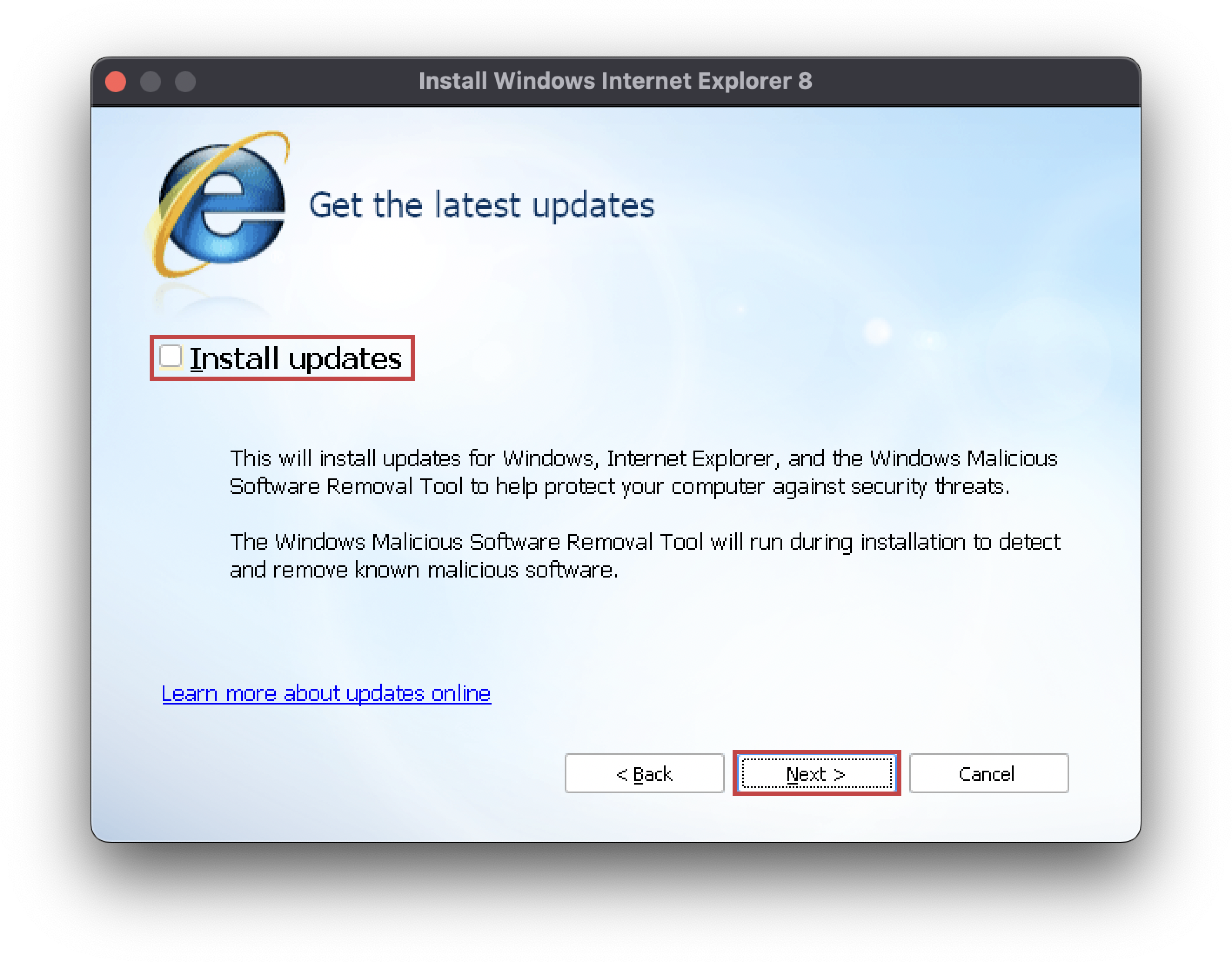 ie8 install disable updates